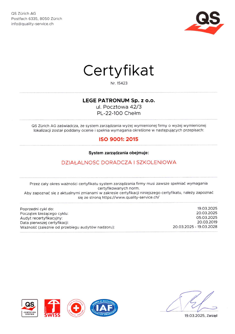 Miniatura certyfikatu ISO 9001:2015 w języku polskim